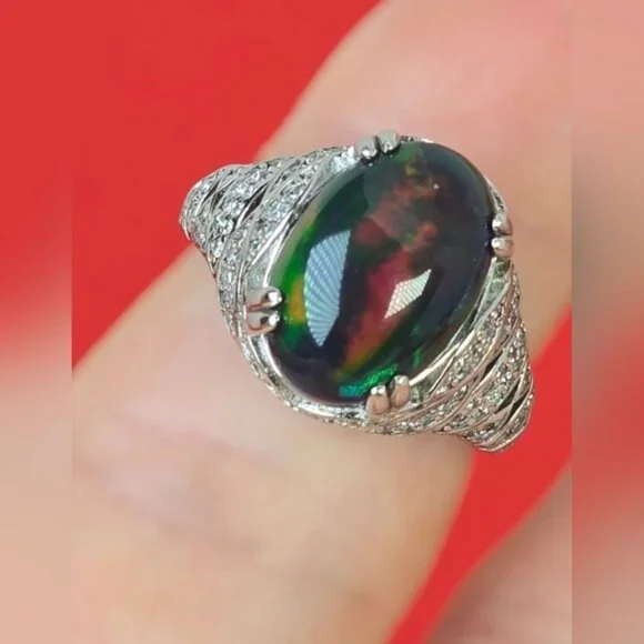 925 Sterling Silver Ring SZ 6.5 with Natural Black Opal & Cz